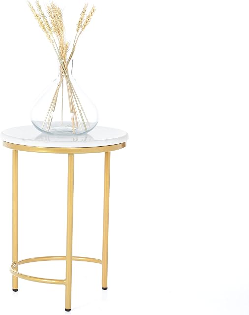 Penguin Home Coffee Side End Table Marble Effect Top & Stainless Steel Frame Side Table Round Occasional Stand Tea Table for Living Room Home and Office Gold Frame