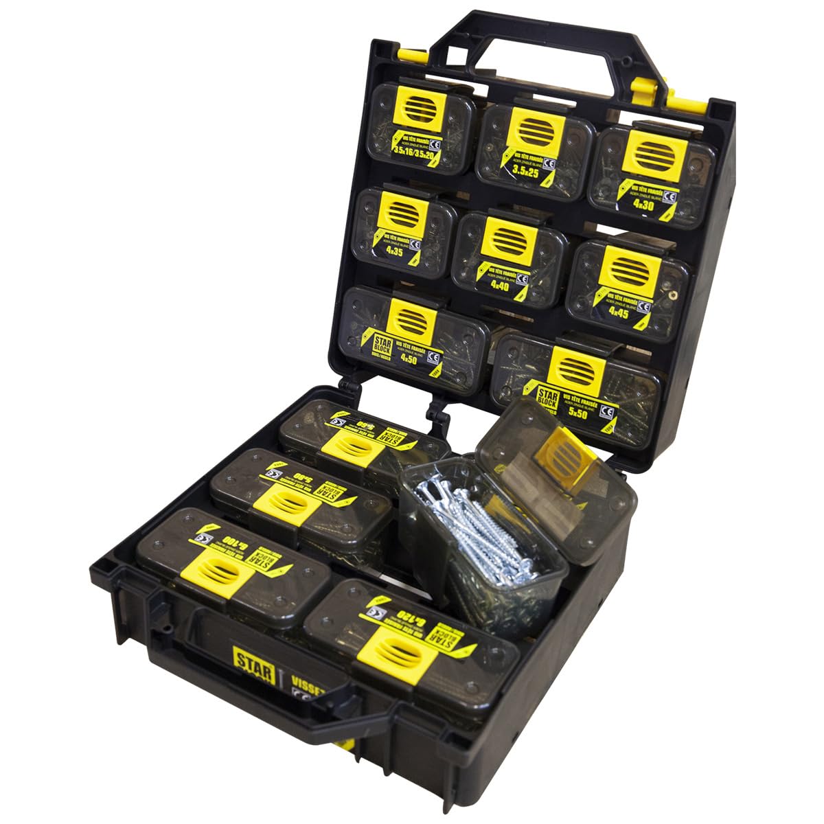 STARBLOCK Coffret vis Bois/Agglo, 1 350 pièces, Tête fraisée, 15 dimensions, Empreinte Torx, Pointe entaillée, Acier zingué
