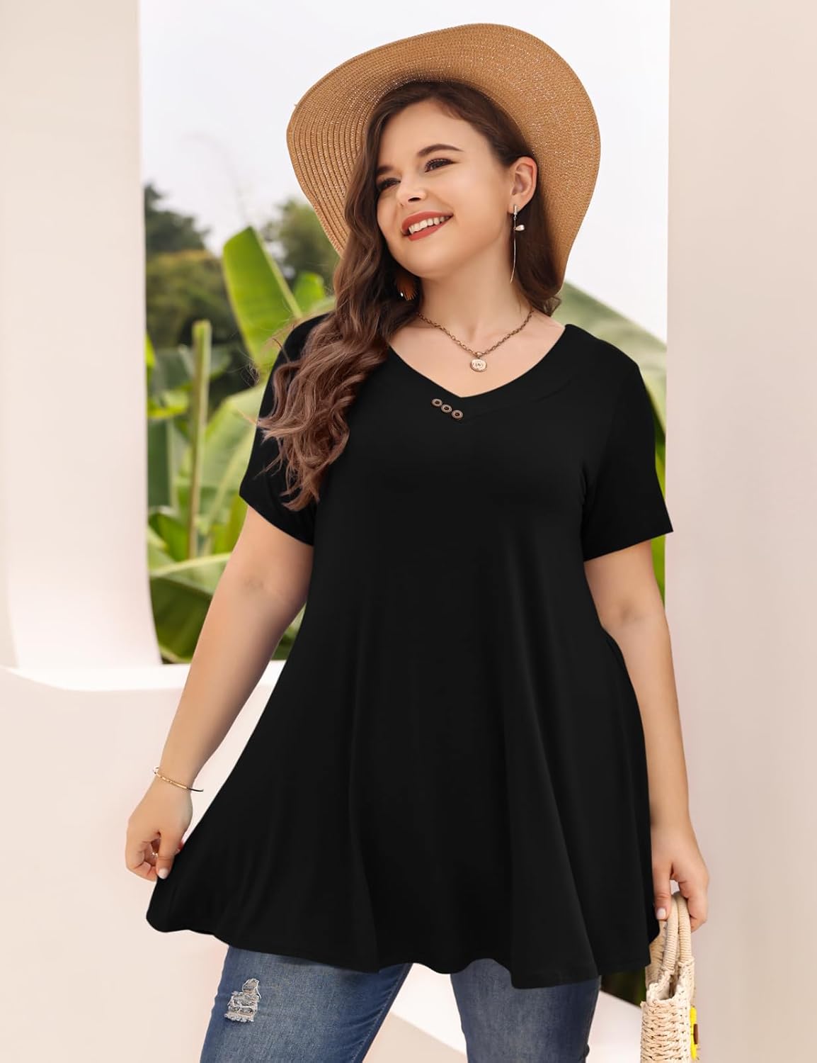 MONNURO Womens Plus Size Tops Short Sleeve Button Down Basic Tunics Summer Swing T Shirts Casual V Neck Blouses for Leggings - Image 3