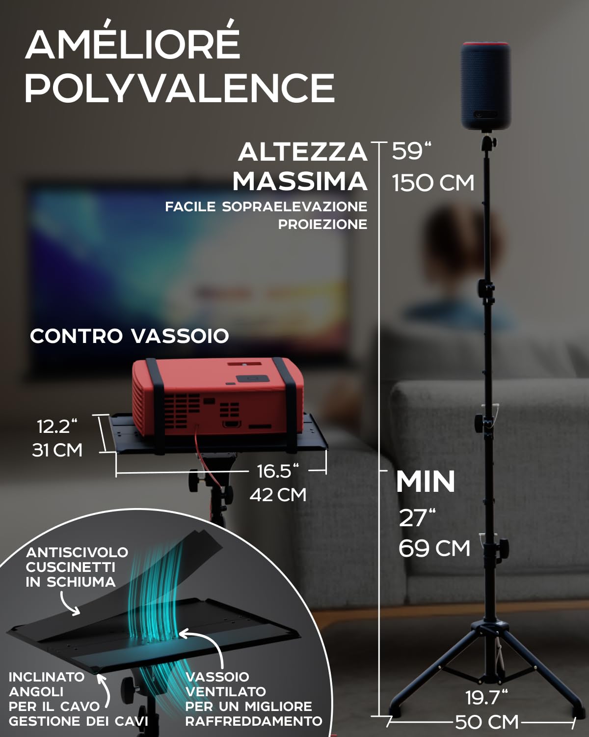 Supporto per treppiede per proiettore, regolabile da 68,6 a 157,4 cm, proiettore da pavimento portatile e supporto per laptop, macchina fotografica e luce, rack per DJ e supporto per musica o film