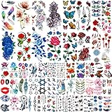 COKTAK 56 Sheets Variety Colorful Rose Flowers Temporary Tattoos For Women, Realistic Feather 3D Butterfly Fake Tattoos Temporary For Girls, Sexy Floral Blossom Branch Arm Neck Face Tatoo Sticker Kit