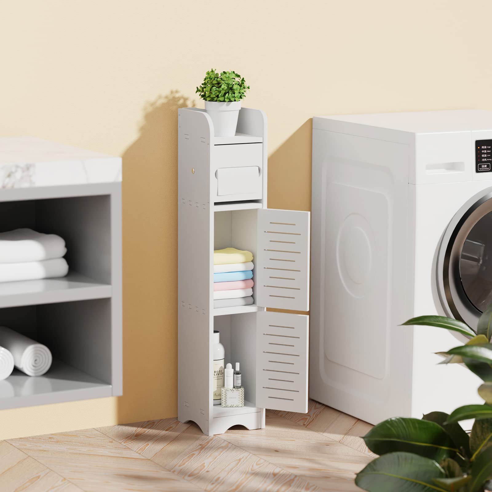 GAKOV Toilet Paper Storage,Small Bathroom Storage Cabinetfor Tiny Spaces,Toilet Paper Organizer for Small Space, Corner and Narrow,4-Tier Bathroom Organizer,White