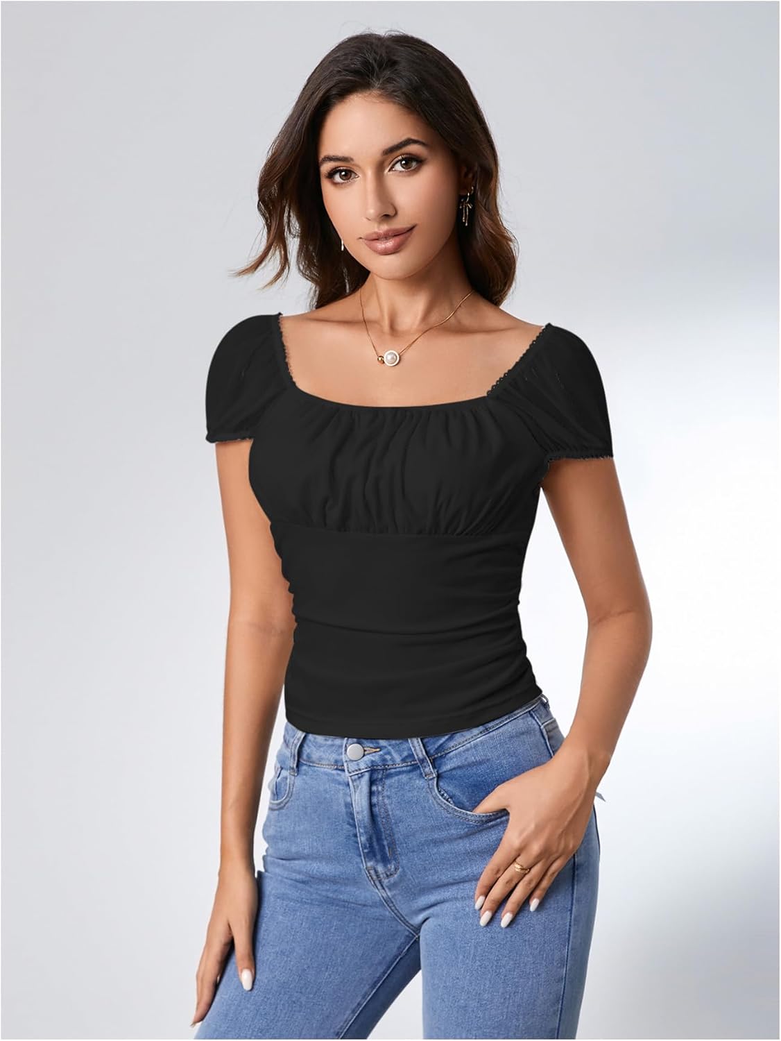 SweatyRocks Women's Ruched Square Neck T Shirt Cap Short Sleeve Slim Fitted Casual Tee Tops - Image 3