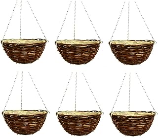 Fyne-Finds Set of 6, 30cm 12Inch Dark Brown Wicker Hanging Basket Lined Rattan Willow Weatherproof Planter