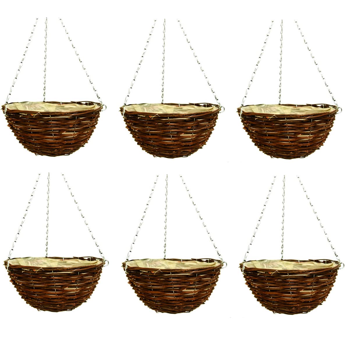 Fyne-Finds Brown Set Of 6, 36Cm 14Inch Dark Wicker Hanging Basket Lined Rattan Willow Planter With Liner Metal Chain