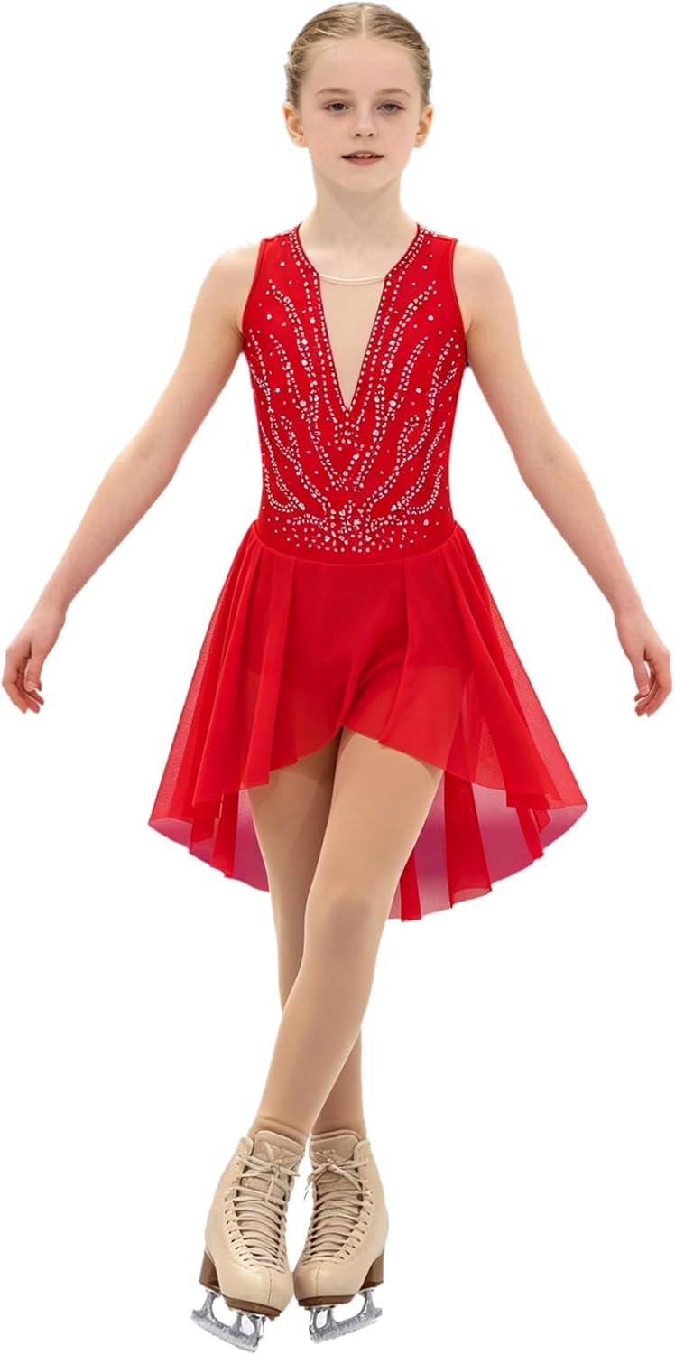 JanJean Kids Girls Sleeveless Figure Ice Skating Dress Ballerina Shiny Ballet Dance Leotard Sheer Mesh Dress