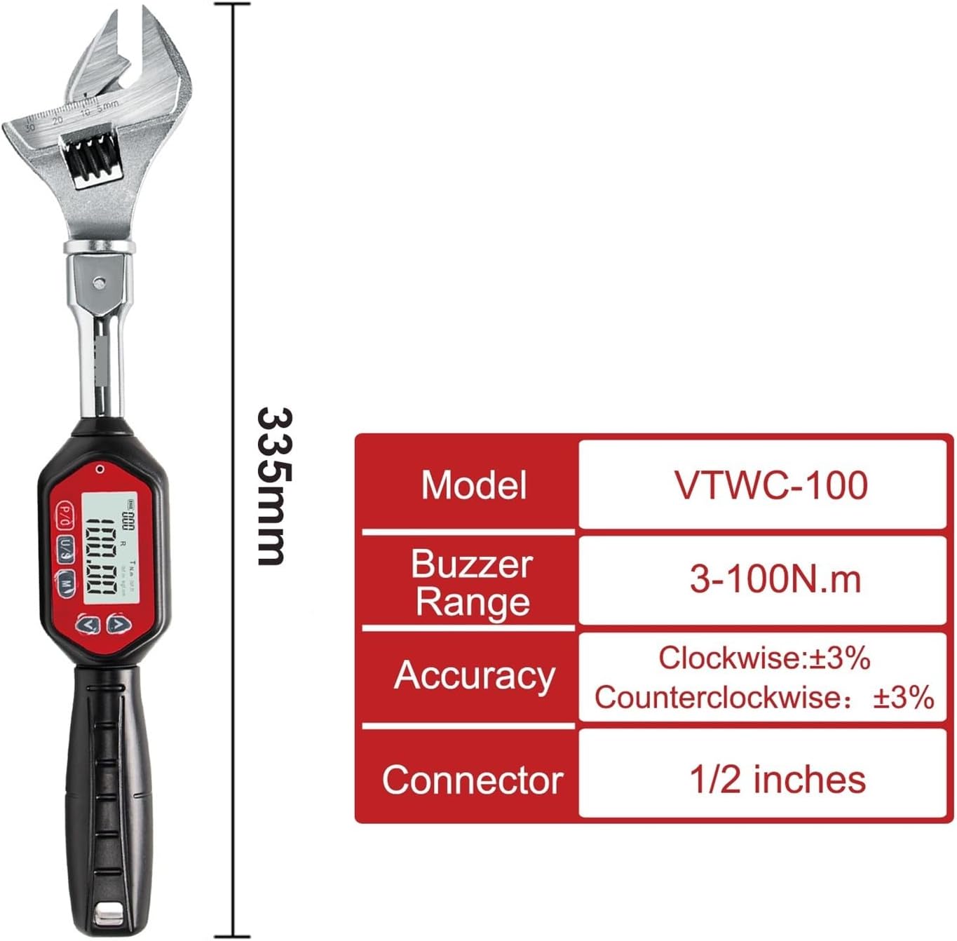 Digital Torque Wrench 3-100 Nm Adjustable Spanner Head Electronic Jaw Open End Torque with Buzzer & LED, Calibrated