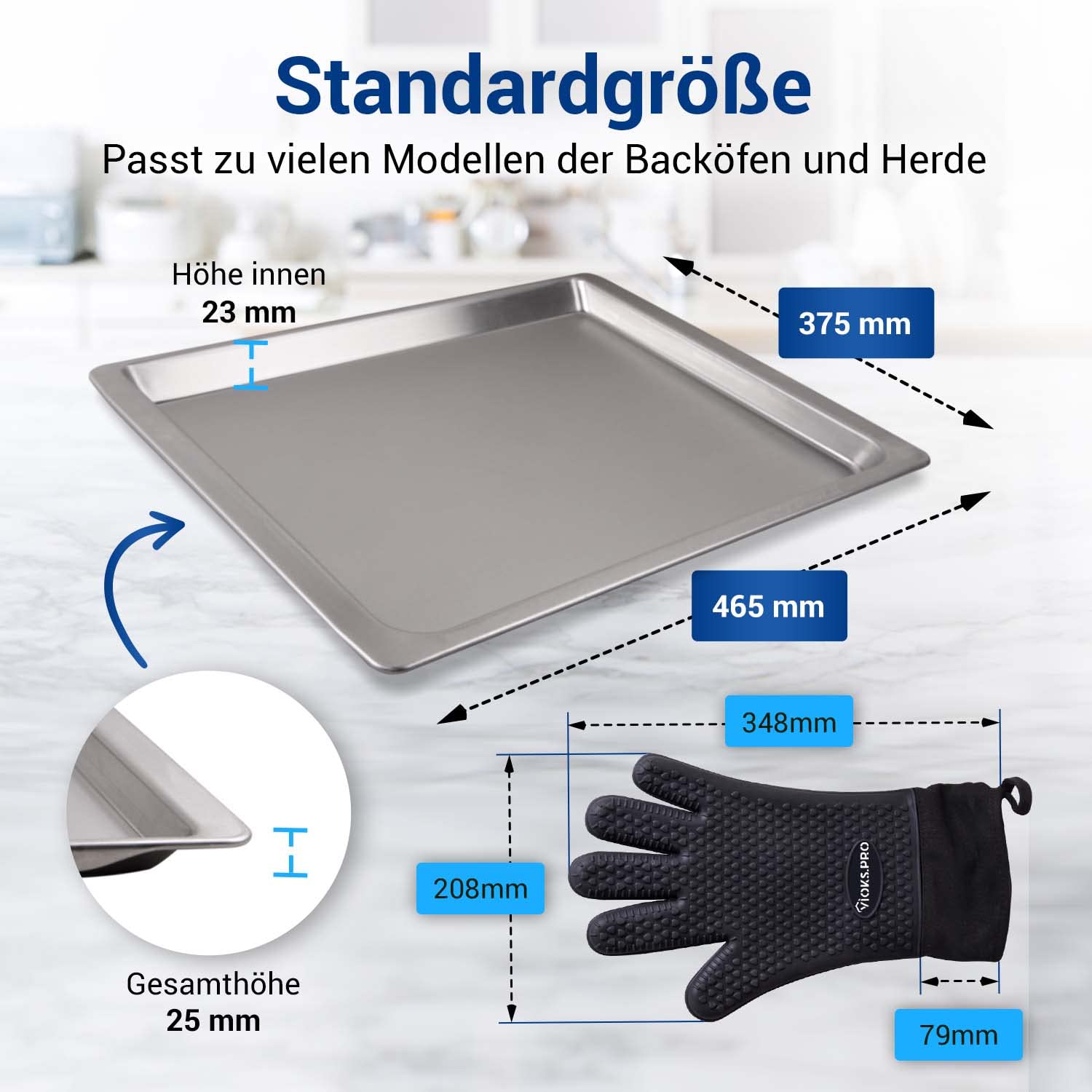 VIOKS Juego de accesorios para hornear – Bandeja de horno 46 x 37 cm 465 x 375х25 mm Reemplazo para bandeja de horno Bosch 00438155 Deep & 2 Guantes de Cocinar Negro con Bandeja para Hornear Siemens