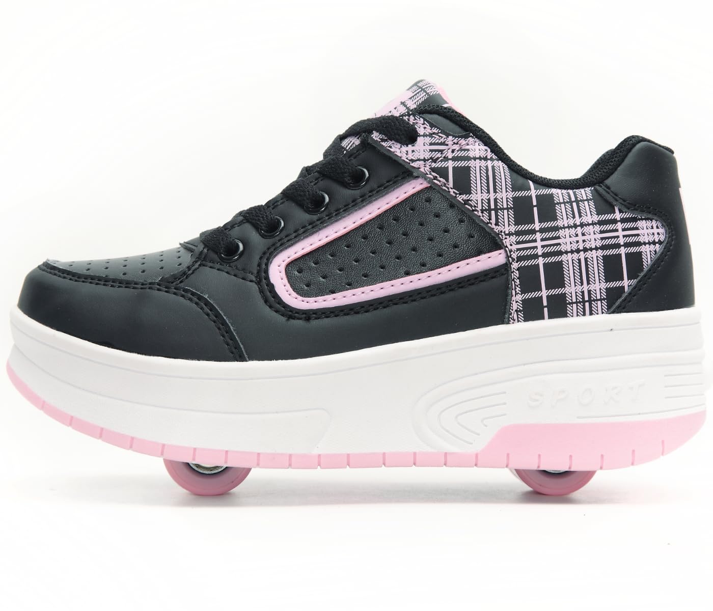 Ragazzi Ragazze Scarpe da Skateboard con 2 Ruote Automatiche, Pattini a rotelle per Bambini con Doppie Ruote, Scarpe da Fitness per Esterno Sneakers, Nero-Rosa, Nero-Bianco, 31-39 EU