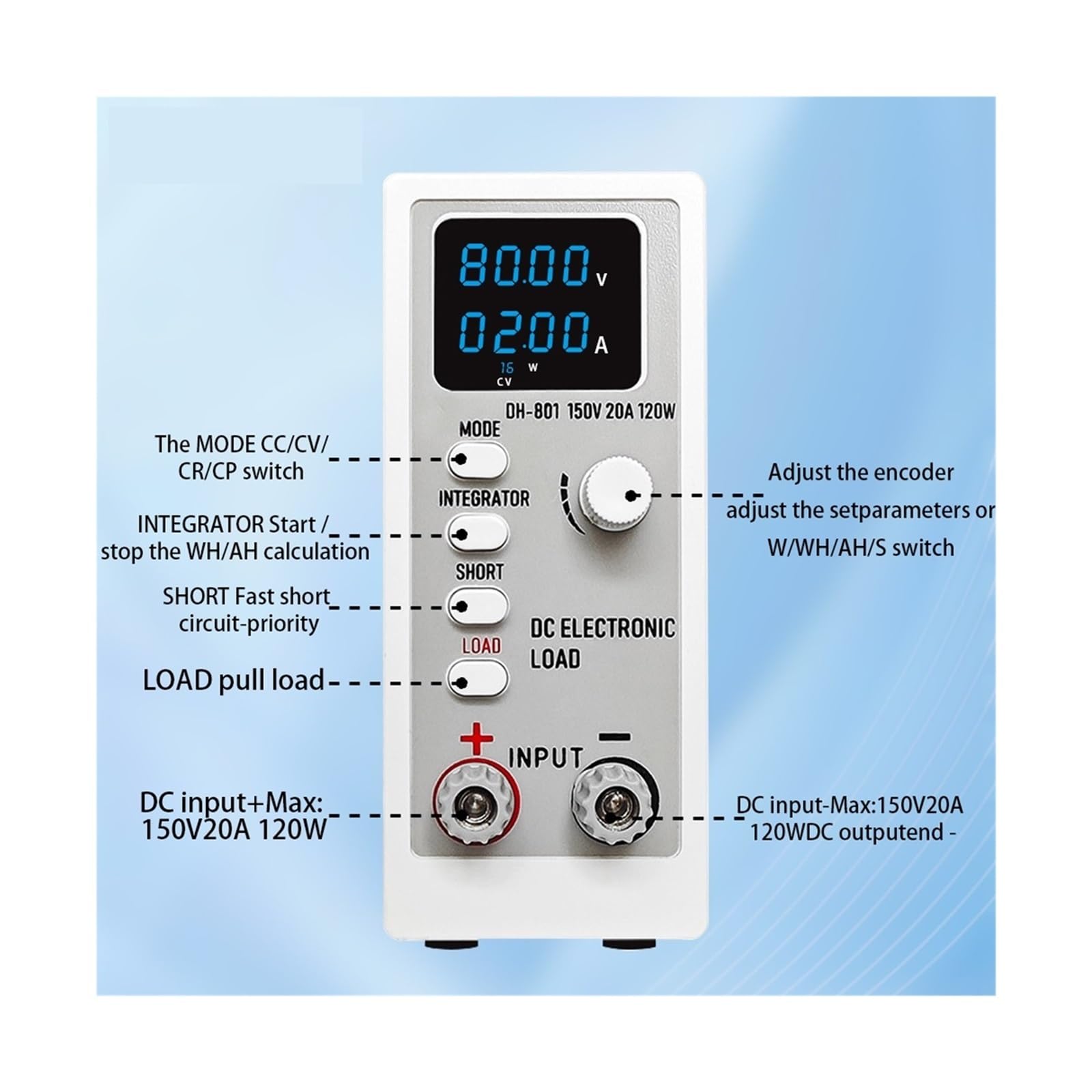 Elektroniczny kanał obciążenia DC 120 W 150 V 20 A cyfrowy tester pojemności akumulatora