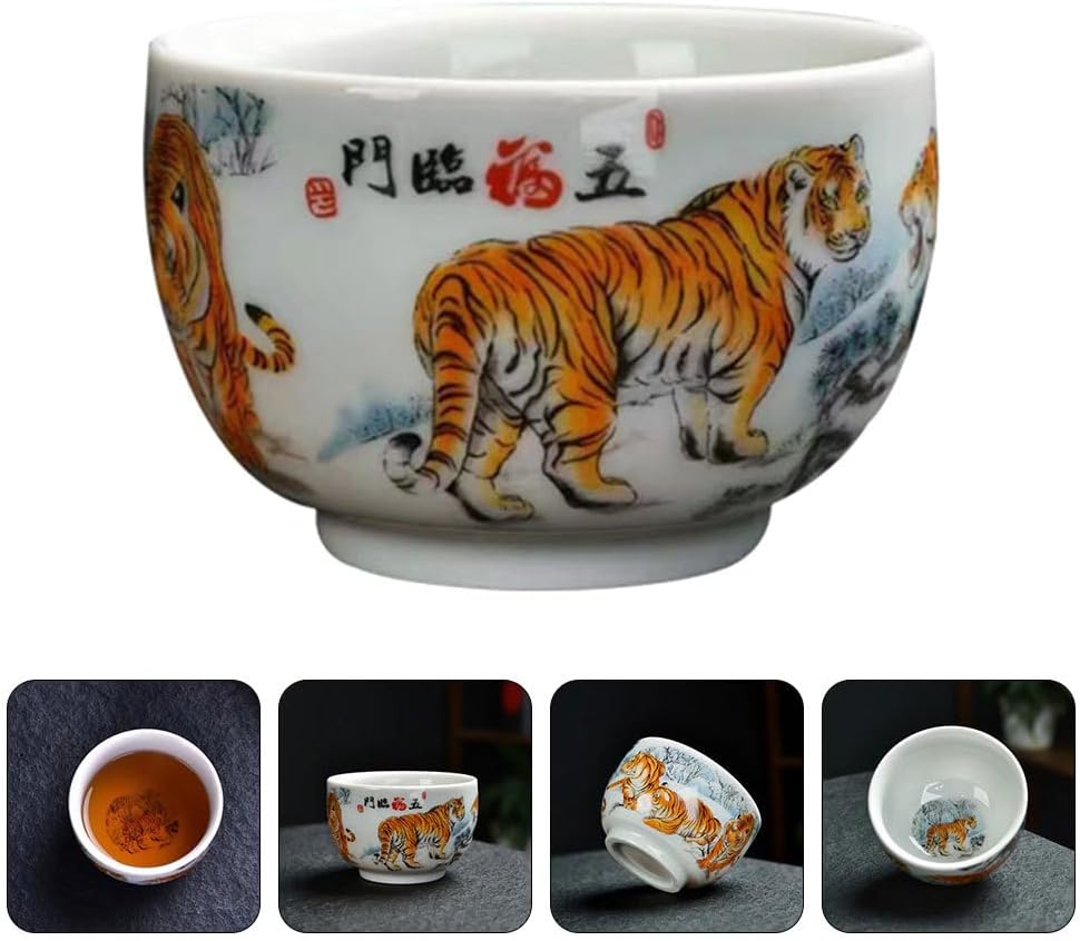 Kichvoe Hand Painted Ceramic Tea Cup: Oriental Tea Tasting Bowl, Decorative Teacup for Home, Zodiac Tiger Pattern Kung Fu Mug, Dishwasher Safe