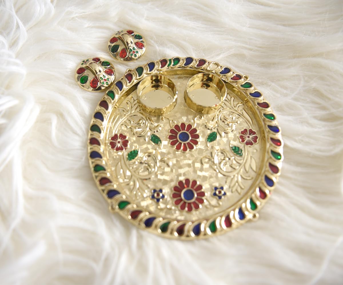 Gold Peacock Minakari Thali Set - Traditional Puja Gift -2