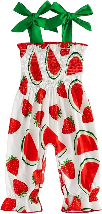 Baby Girl Summer Overalls One Piece Outfits Smocked Romper Watermelon Flower Print Ruffle Sleeveless Bodysuit Jumpsuit
