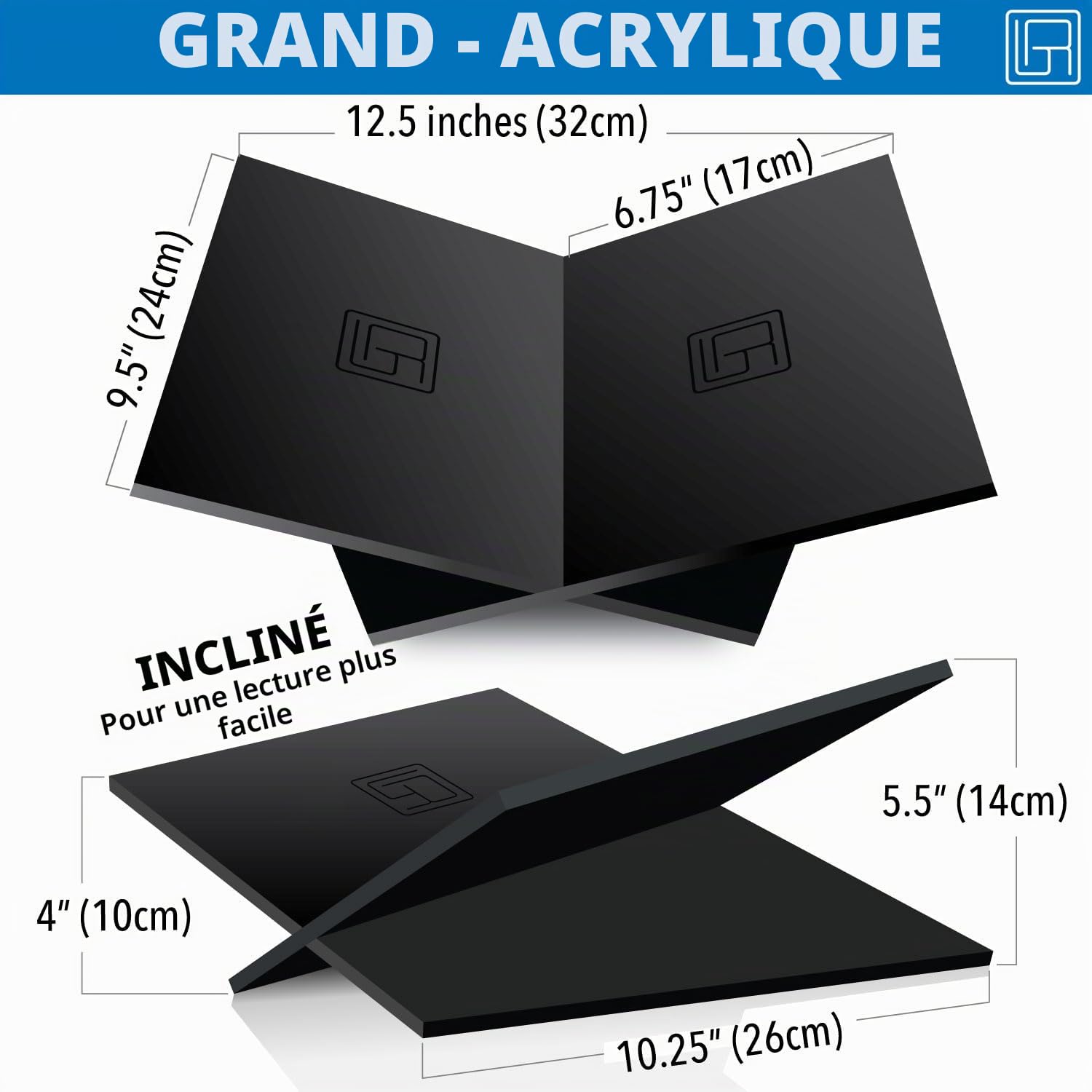 Large Black Acrylic Book Stand, 12.5" x 9.5" x 5.5”, Acrylic Book Holder, Open Bookstand for Display and Reading Cookbooks, Art Books, Bibles, Magazines - Home and Office
