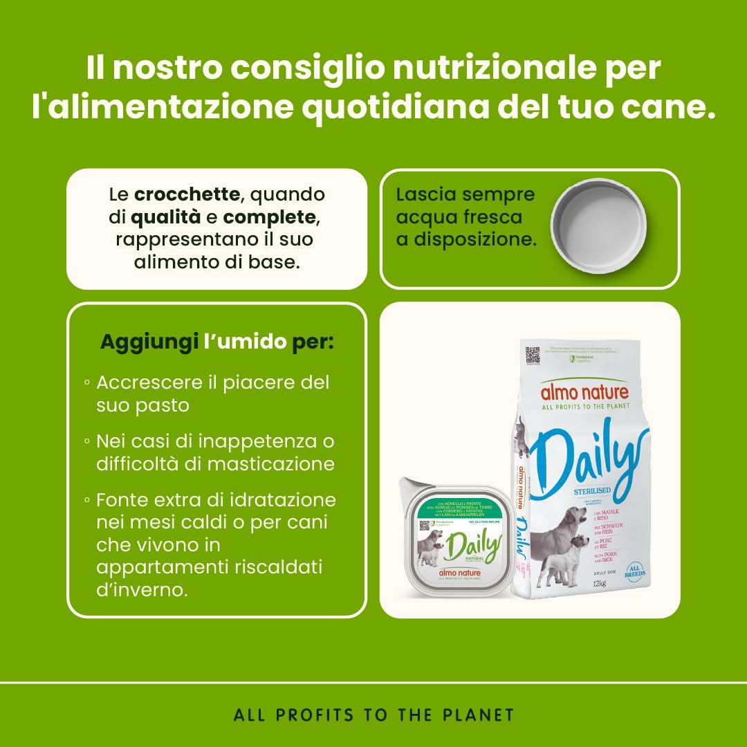 Almo Nature Daily - Crocchette per Cani Sterilizzati - Ideale per il Controllo del Peso - Gusto Maiale e Riso - Sacco da 12 kg