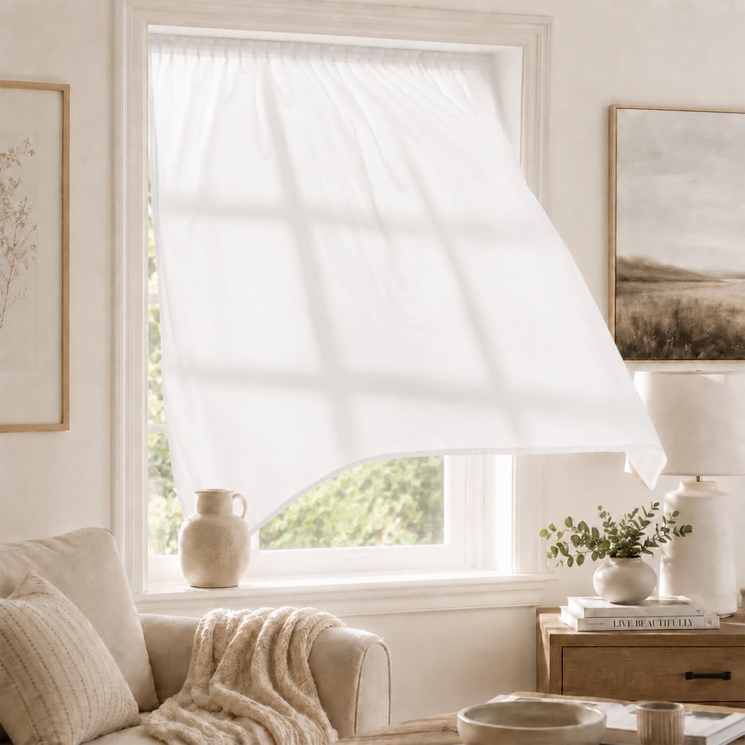 Pre-Pleated Fixed Fold Privacy Sheer Curtains, Hook & Loop No Drill Self-Adhesive Light Filter Semi-Opaque Window Drapes, for Kitchen Bathroom Bedroom Living Room(35" W x 72" L, White, 1 Panel)