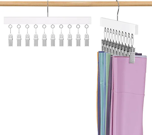 Leggings Organizer for Closet Hanging, 2 Packs Wooden Pants Hangers Hold Up to 20 Shorts, 360° Swivel Space Saving Closet Hanging Organizer for Hats, Underpants, Scarfs, White