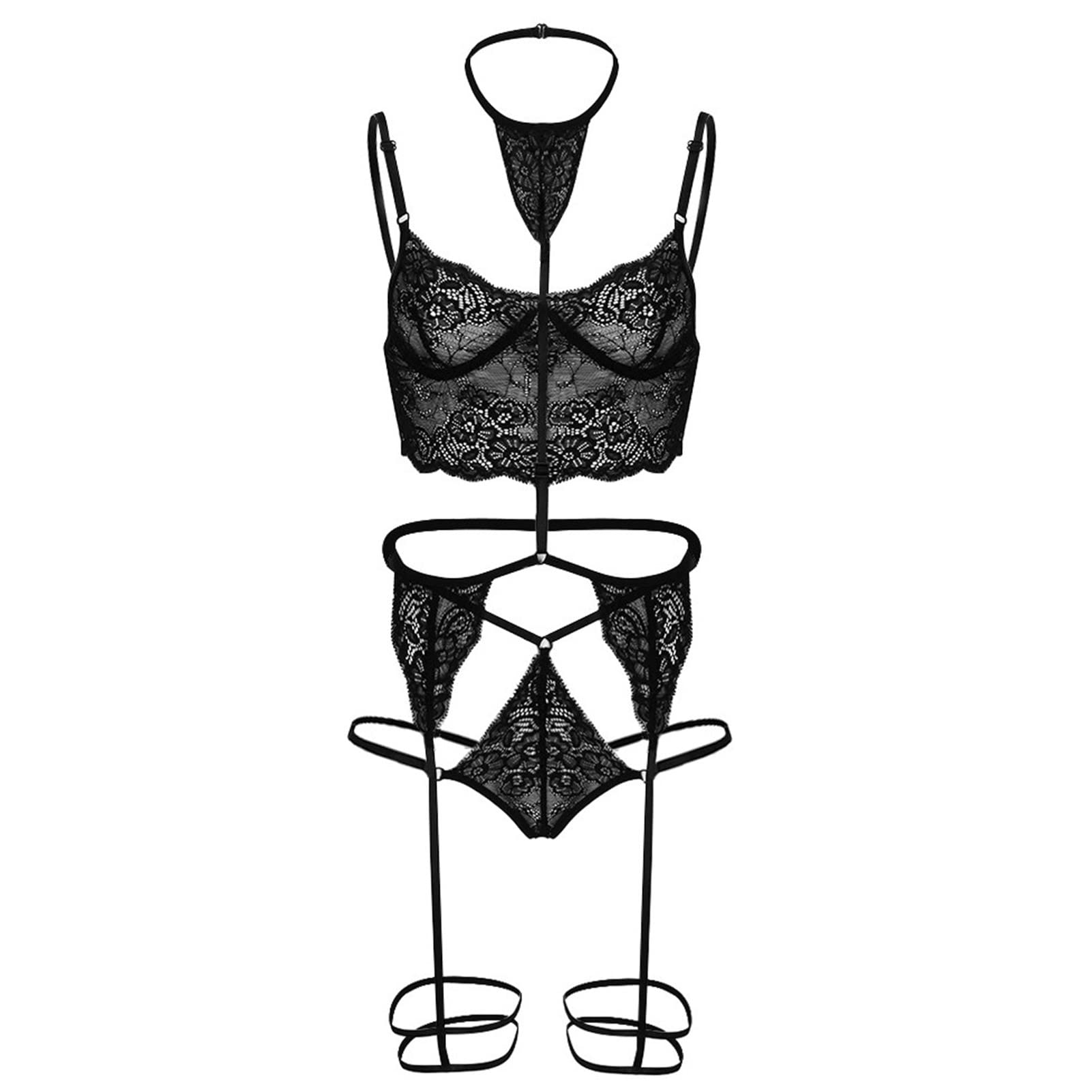 BOHHO2023 Women Sexy Lace Lingerie Push Up Bra Thong Underwear Garter Belt Set Nightwear