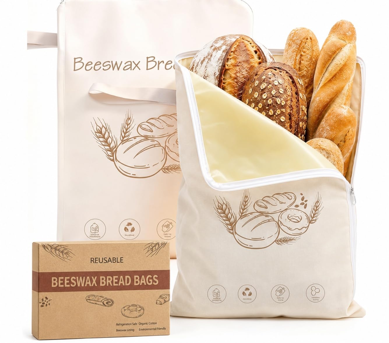 2 Pack Beeswax Bread Storage Bags, 44 x 33 cm, Cotton Linen with Zip