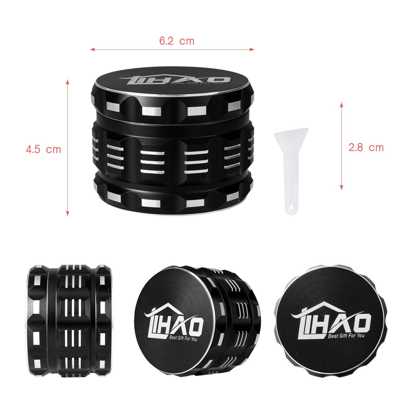 Moulin à Herbes Concave LIHAO 4 Parties 6 Cm – Grinder Alliage Zinc Avec Tamis Fin, Design Diamant, Noir
