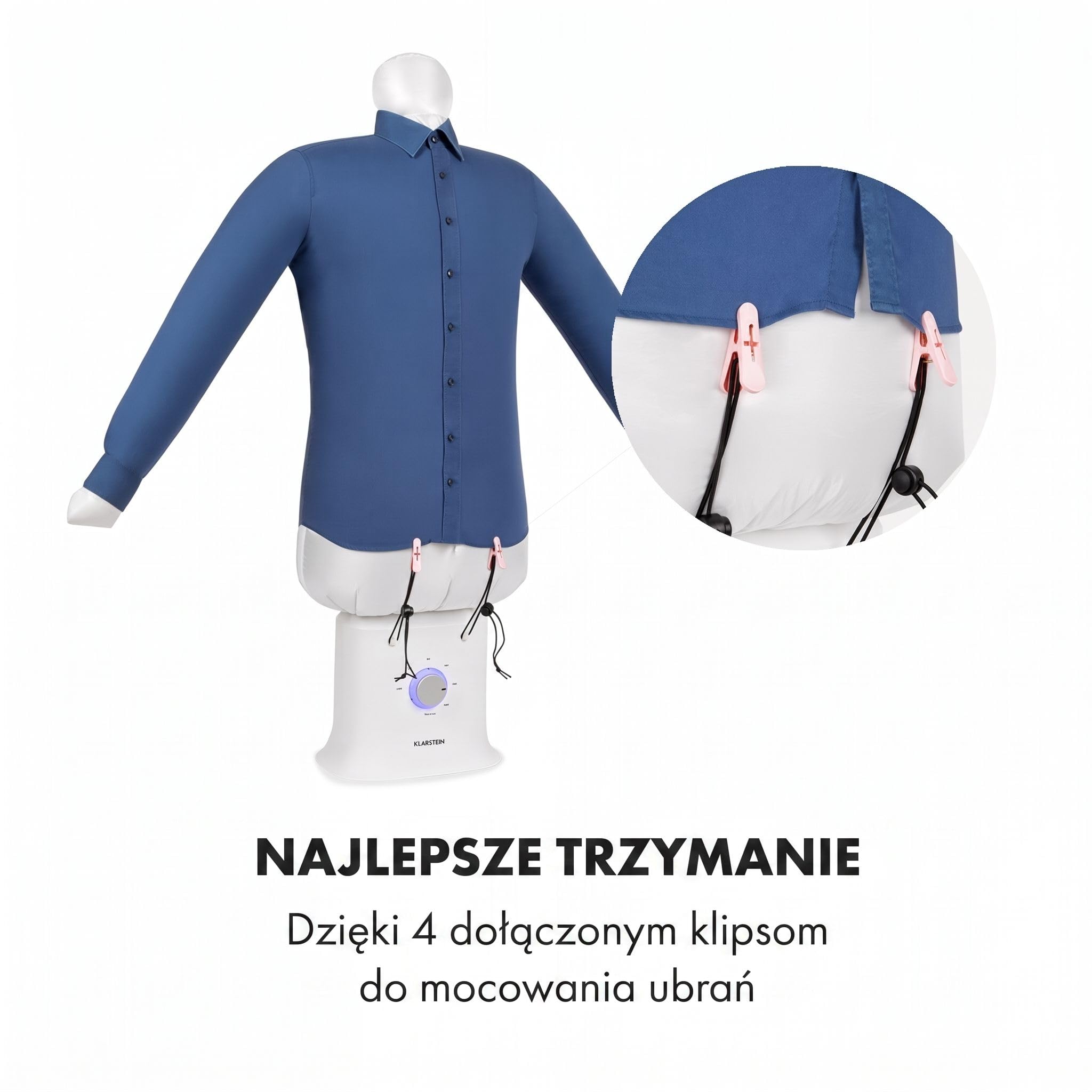 Klarstein ShirtButler Deluxe automatyczne urządzenie do suszenia i prasowania, 2w1, Grzałka bezpieczeństwa 1250 W, Technologia HotAir Tension, Timer: 0-180 min. Materiał: nylon Oxford, biały