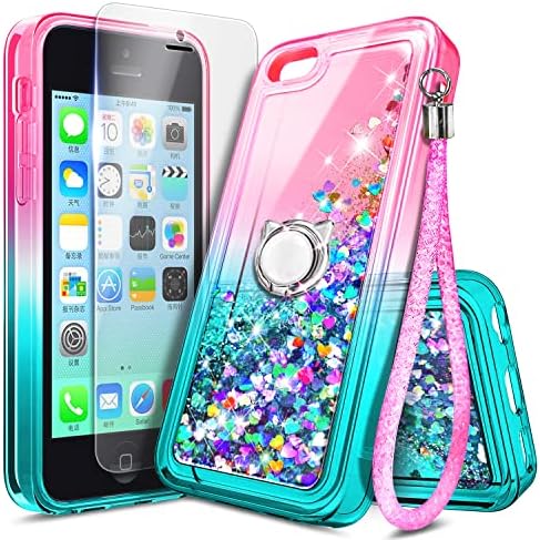 NZND Case for iPhone 5C with Screen Protector (HD Clear), Ring Holder/Wrist Strap, Sparkle Glitter Flowing Liquid Floating Waterfall Shiny Bling Girls Kids Women Cute Case -Pink/Aqua