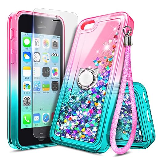 NZND Case for iPhone 5C with Screen Protector (HD Clear), Ring Holder/Wrist Strap, Sparkle Glitter Flowing Liquid Floating Waterfall Shiny Bling Girls Kids Women Cute Case -Pink/Aqua