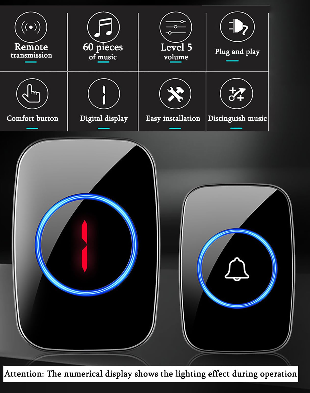 Timbre Inalámbrico 3 Lanzadores IP66 Impermeable 300M Timbre Inalámbrico Exterior, Pantalla Digital LED, 5 Niveles De Volumen Y 60 Melodías para Hogar, Negro,9 in 1