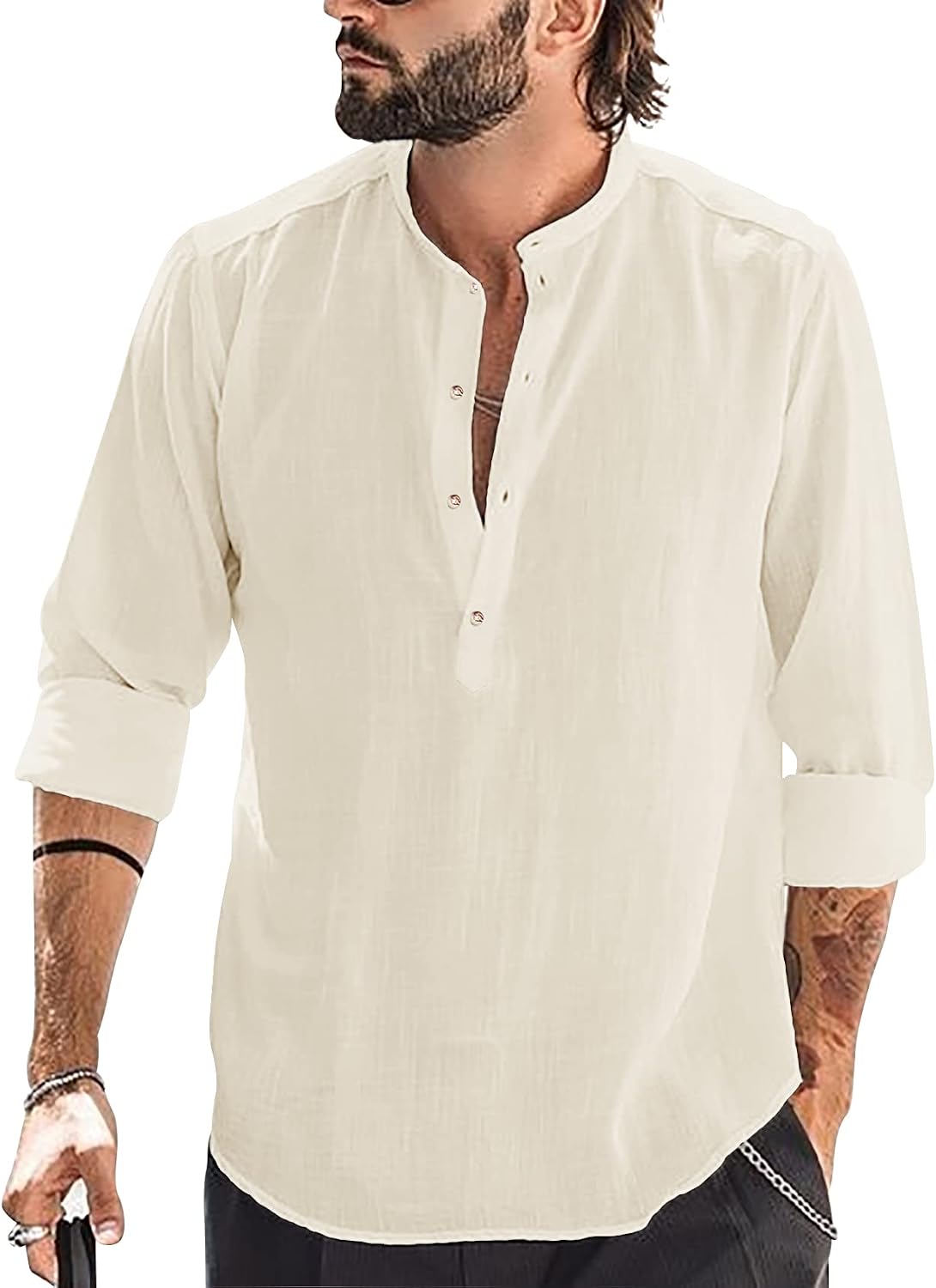 Runcati Camicia da uomo in cotone e lino, a maniche lunghe, con colletto alto, da spiaggia, elegante