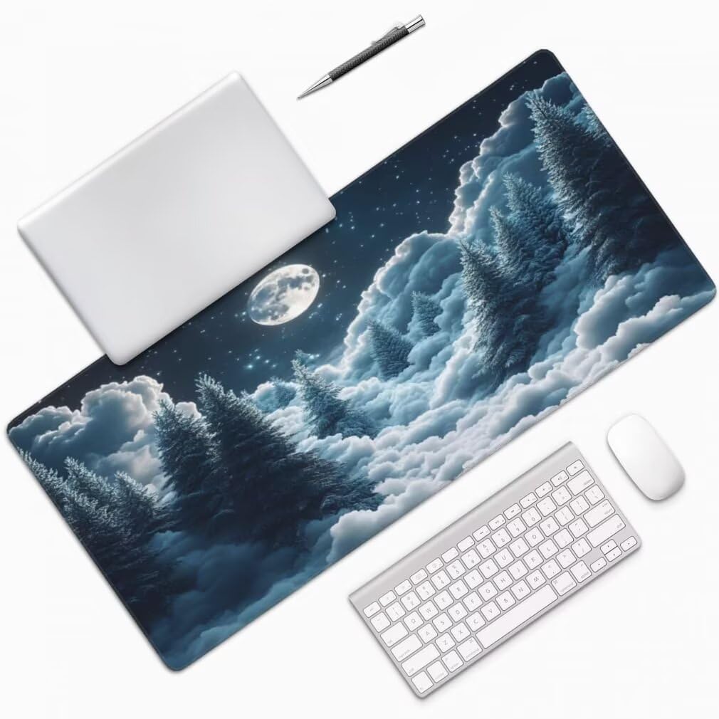 Tappetino Mouse XXL 1000x500mm Luna Piena Grande Mouse Pad, Tappetino Scrivania con Bordi Cuciti, Grande Mousepad Gaming con Base Antiscivolo per Ufficio e Casa (Pino Tra Le Nuvole) -MP1572