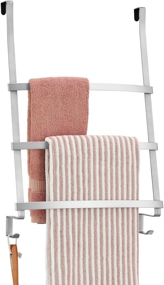 mDesign Modern Decorative Metal Over Shower Door Towel Rack Holder Organizer with Storage Hooks - for Bathroom Towels, Washcloths, Hand Towels, Loofahs and Sponges - Chrome