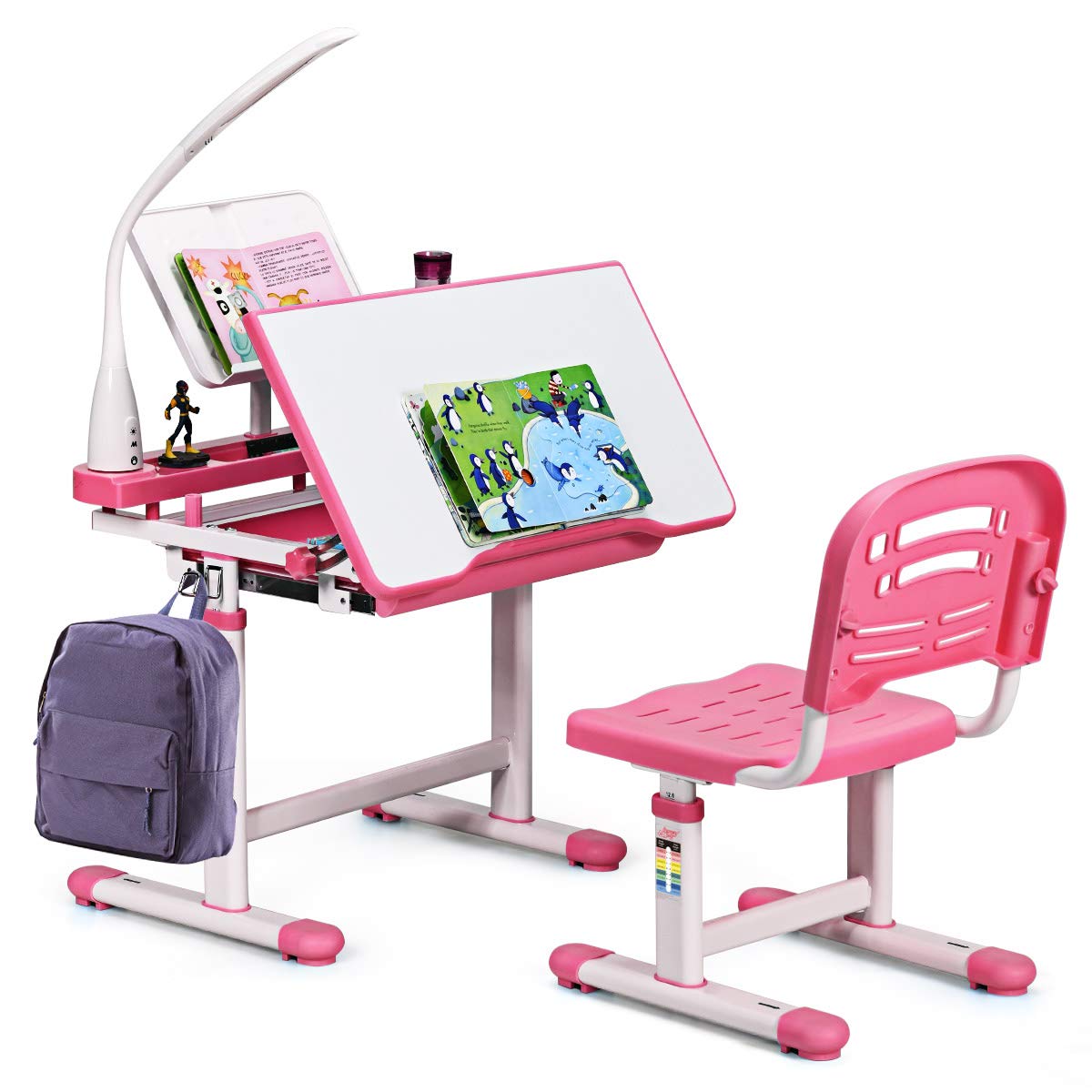 COSTWAY Set Scrivania e Sedia per Bambini 3-12 Anni, Altezza e Angolo Regolabile e Multifunzionale, Con Lampada di Protezione per gli Occhie Cornice per la Lettura (ROSA)