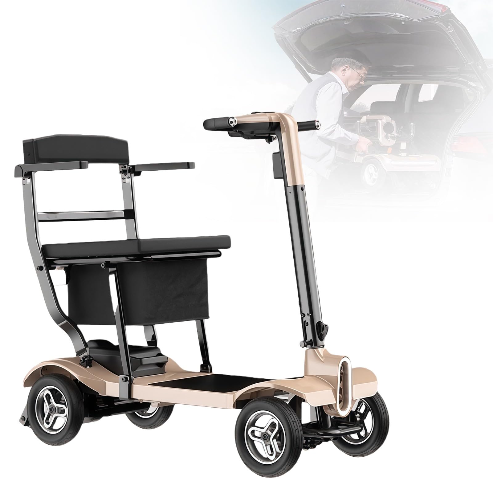 Scooter eléctrico de Viaje de 4 Ruedas con diseño Plegable y cómodo, autonomía de 20 km y Faro LED. Ideal para Personas Mayores y Personas con Problemas de Movilidad.