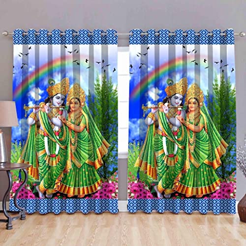 Image of UNITMALL Digital Printed God Curtains Pack of 2 | Home Mandir Pooja Room Decor Bhgwan Door Curtain 7ft | Polyester Eyelet Drapes & Panels (4x7 Feet, Radha Krishna Bhagwan)