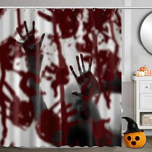 Miniatura 1 de Cortina de ducha con temática de Halloween de película de terror, diseño gótico sangriento espeluznante, juego de cortinas de baño de mansión