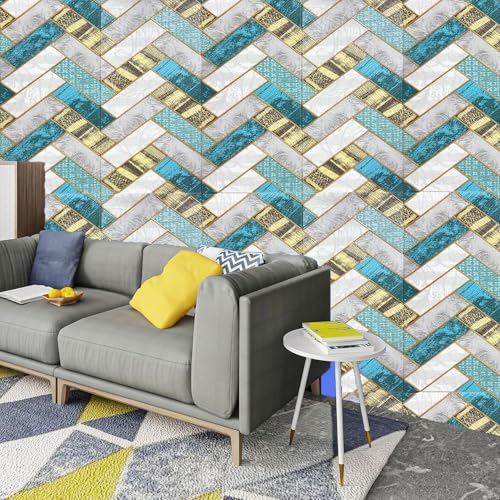 Image of WrapWall 3D Wallpaper Self Adhesive Foam Pack of 1 (70x70 cm) | Waterproof Brick Design Wallpaper |Peel & Stick DIY Wall Decor for Living Room Bedroom Kitchen (1, Blue-Vshape)