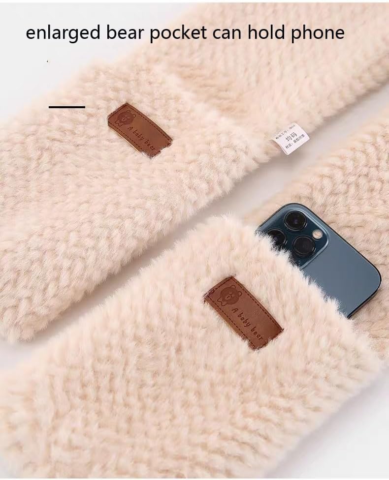 Hooded Scarf Hat Gloves for Women Winter Cute Bear Ear Hat Scarf Gloves Set Plush Faux Fur Animal Hats Soft Warm Knit Hats Pink