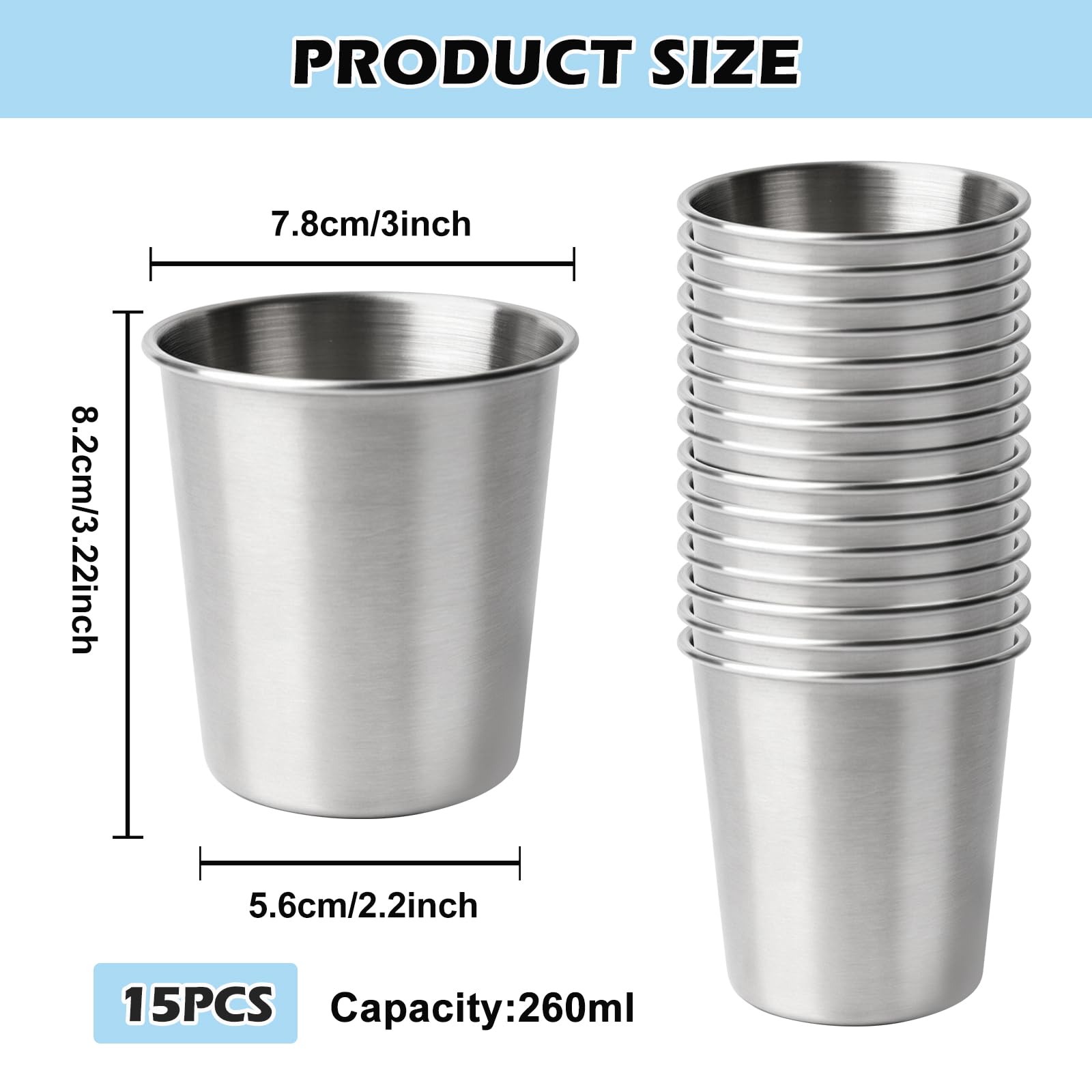 15 Stück Edelstahlbecher 260 ml, Edelstahl Becher Set, Camping Becher, Stapelbar Trinkbecher Schnapsbecher Metallbecher Bierkrüge, Edelstahl Tassen für Zuhause, Restaurant, Party, Picknick