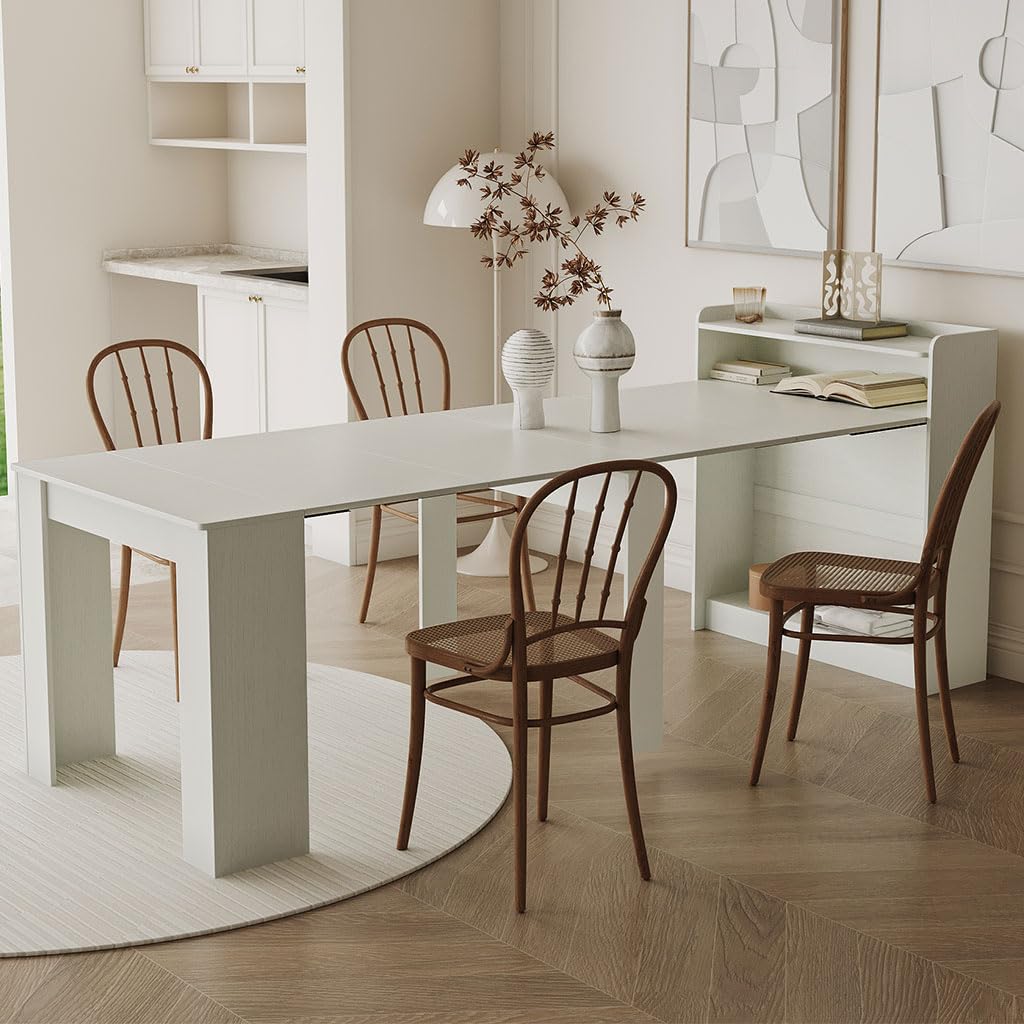 Extendable Console Dining Table for 8–10 People, 98.4" Expandable Dining Table with Storage Console, Telescopic Aluminum Track, Space Saving Transformer Folding Table for Apartment,White