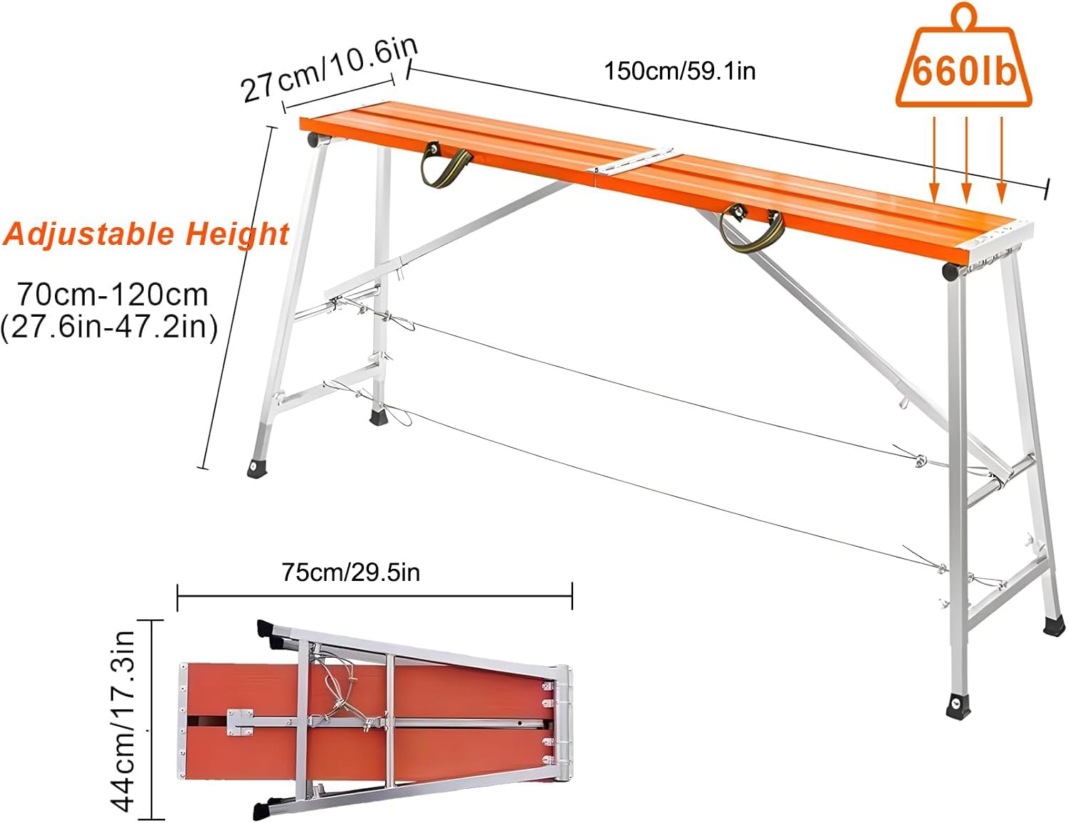 Plataforma de trabajo ajustable, escalera plegable de aluminio, multiuso, taburete de andamio, capacidad de 300 kg, altura ajustable