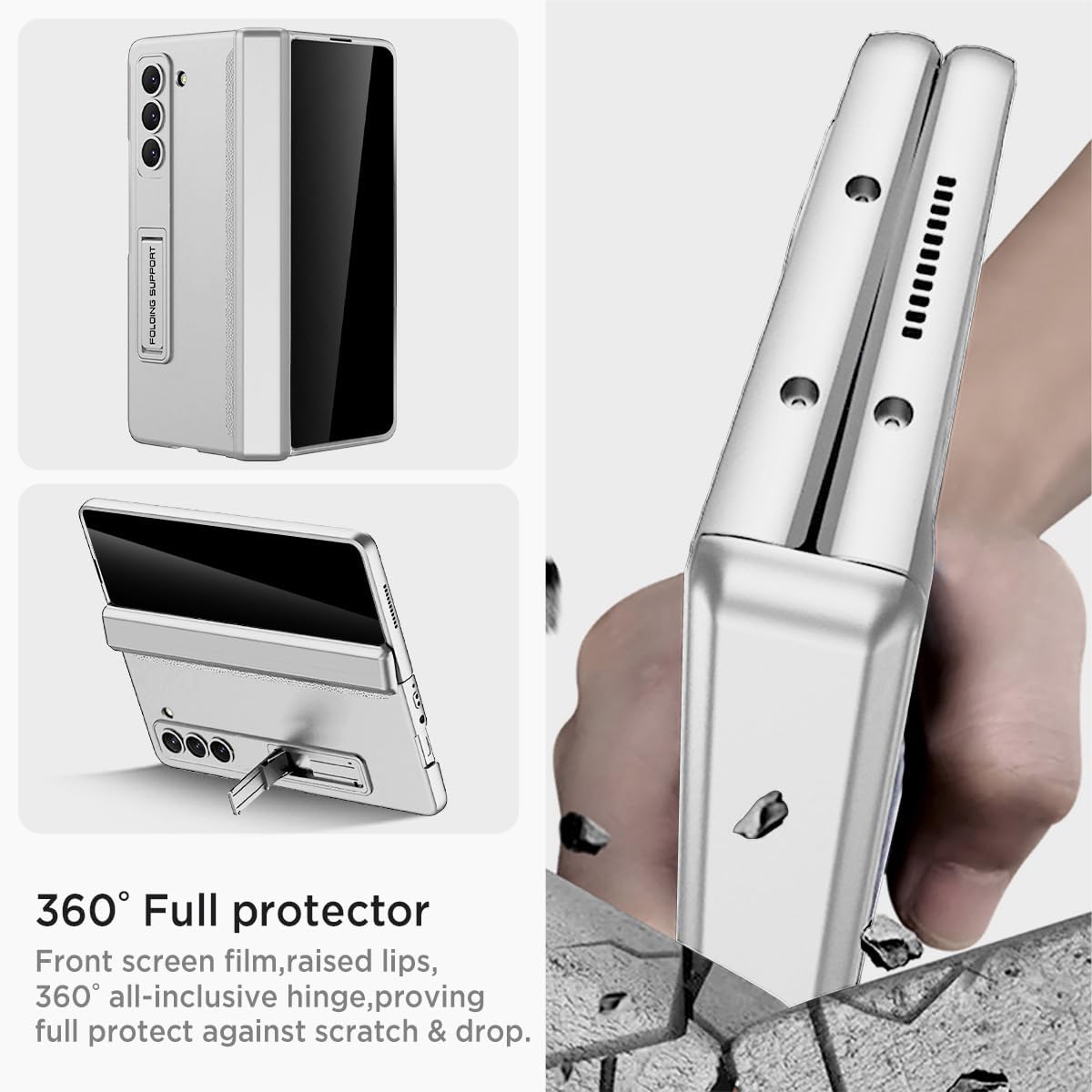 Miimall for Samsung Galaxy Z Fold 5 Case with Privacy Screen Protector, Built-in Adjustable Kickstand & Magnetic Hinge Protection All-Inclusive Protective Case for Galaxy Z Fold 5 5G(Silver)