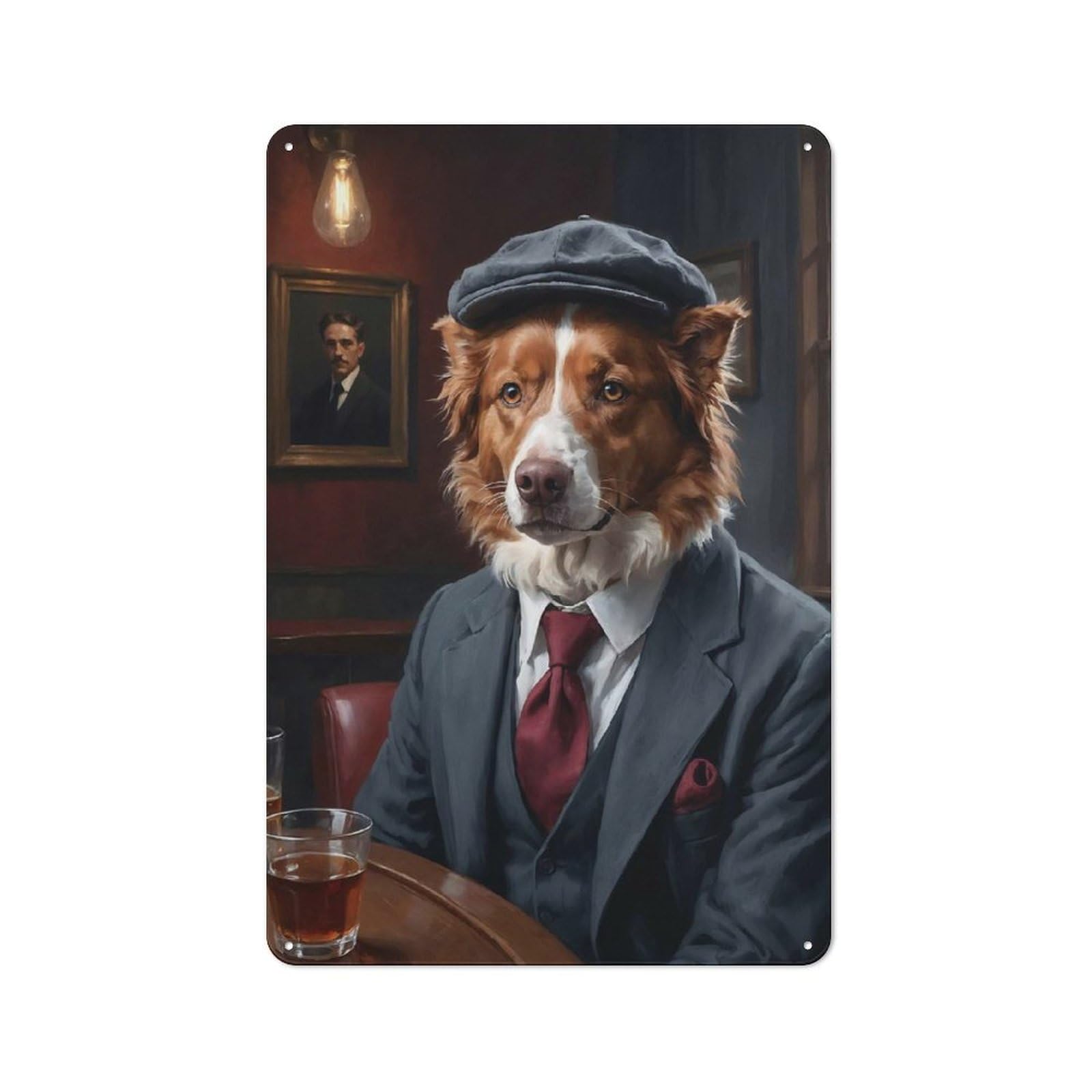 Junmoney Red Border Collie Dog In Suit At The Pub Smart Metal Desk Wall Sign 30X20cm, Creative Space Decor For Workspace, Cafe, Shop Or Desk Area