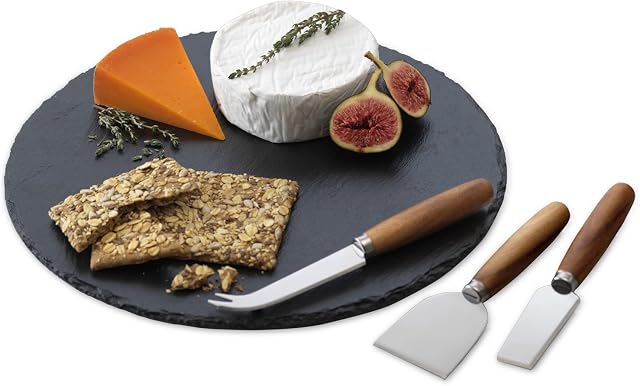 Occasion Round Natural Slate Cheese Board Set with 3 Acacia Cheese Knives