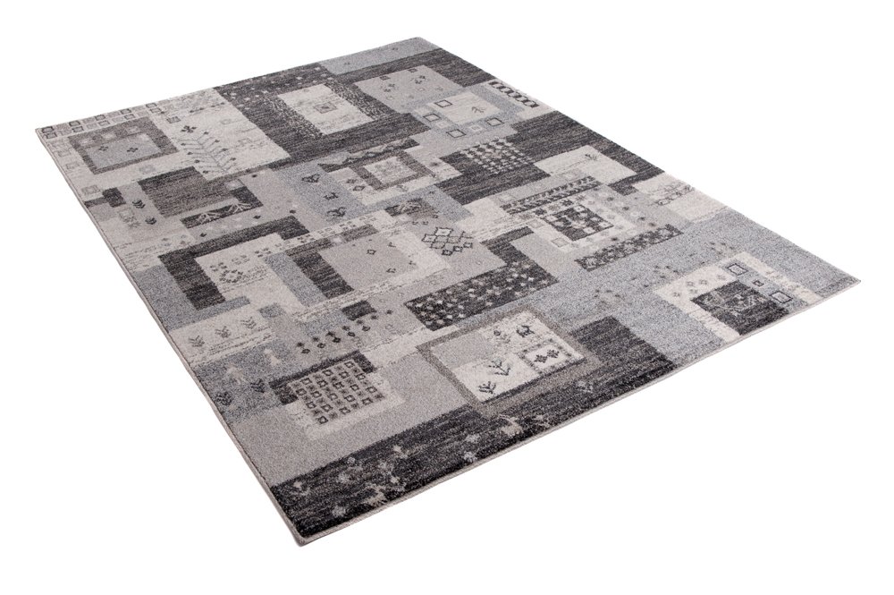 Tapiso Sari dywan z krótkim włosiem, nowoczesny, kwadratowy, paski, szary, kremowy, wielokolorowy, melanż, do salonu, sypialni, Ökotex 120 x 170 cm