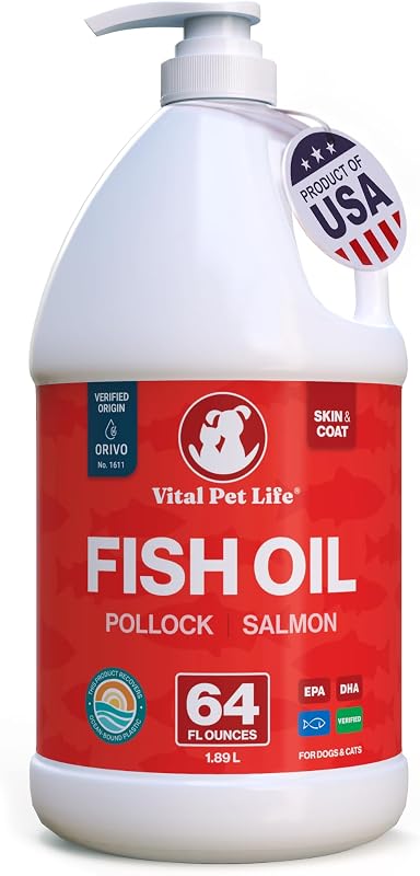 Fish Oil for Dogs, Healthy Skin & Coat Salmon Pollock Liquid Omega 3, 64 oz | Soft Shiny Glossy Coat, EPA DHA, Immune System & Heart Function Support, Normal Shedding, Supplement for Pets