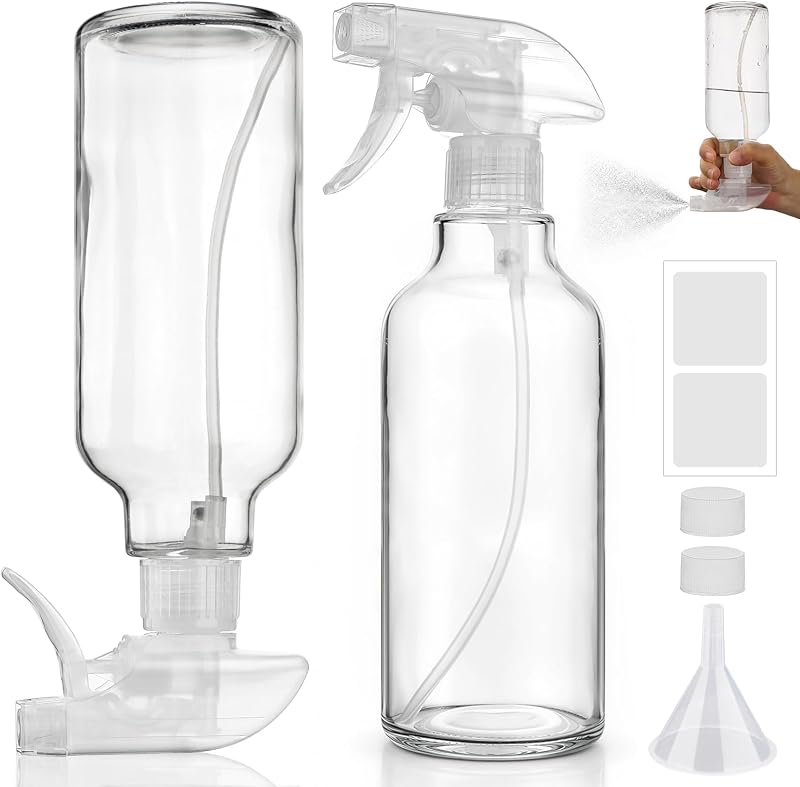 Frascos de spray de vidro Hethyo 360°, bico ajustável, transparentes, 500 mL, pacote com 2