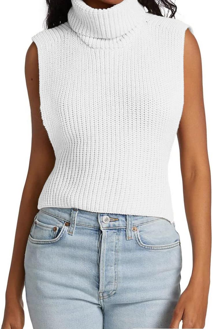 Womens Sleeveless Sweater Vest Turtleneck Ribbed Knit Tank Tops Basic Slim Fit Top White