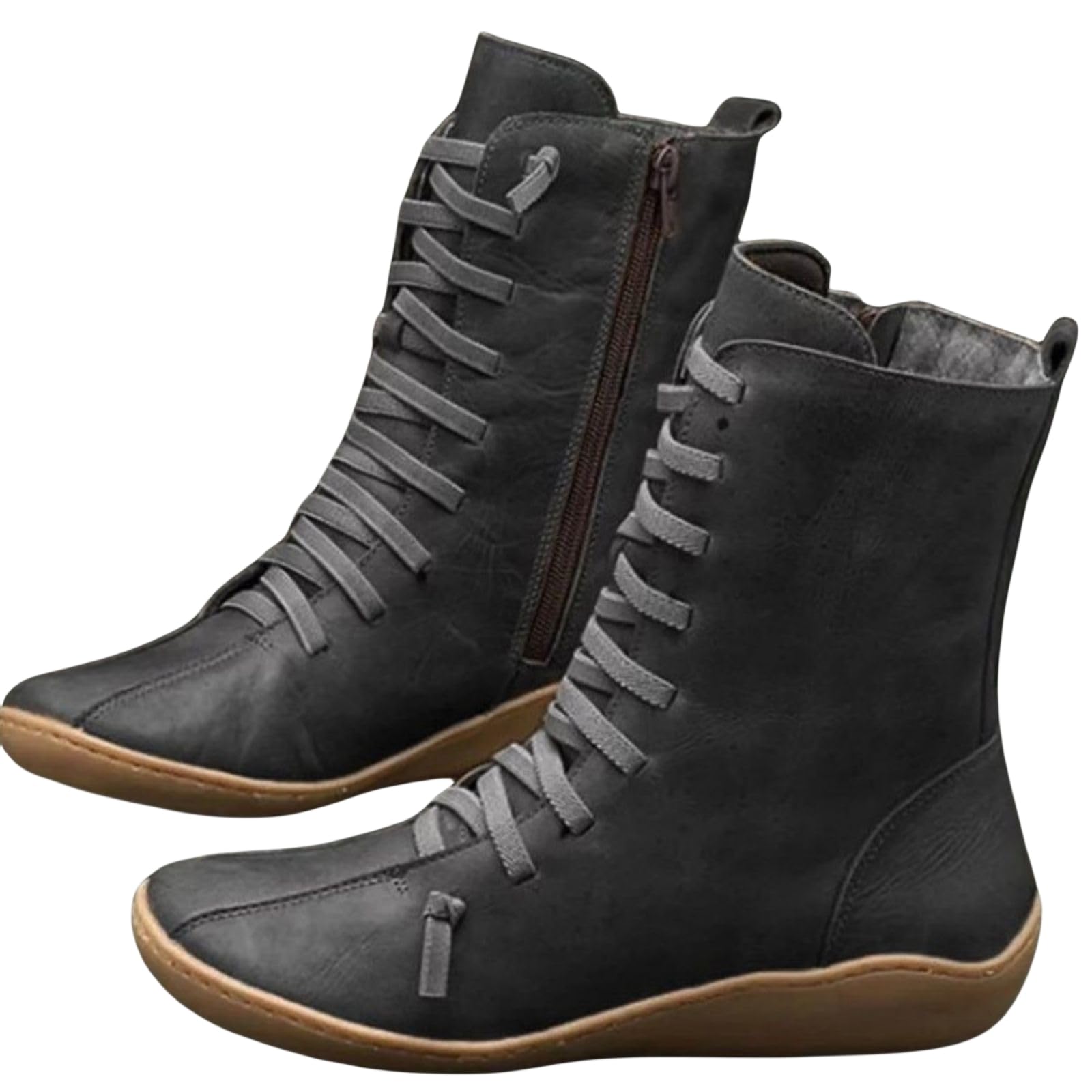 Combat Ankle Boots Women Lace Up Side Zipper Retro Leather Booties Comfortable Slip On Damping Shoes Vintage Casual