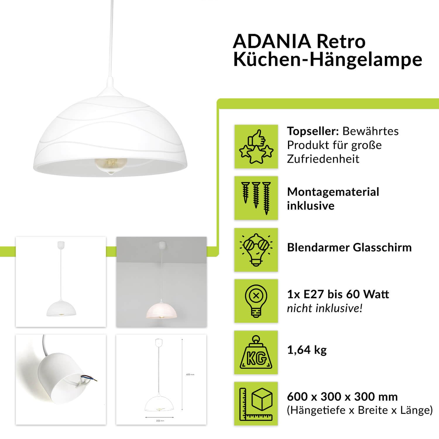 Lampa wisząca szklana ADANIA biała okrągła Ø 30 cm Vintage Design lampa wisząca kuchnia wyspa kuchenna