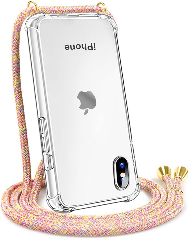 CAROKICrossbody Case for Apple iPhoneX,for iPhone XS,Necklace Mobile Phone Cover with Cord Strap for iPhoneX/XS,Clear Transparent TPU Soft iPhoneX/XS Cover Holder with Neck Cord Lanyard Strap-Rainbow